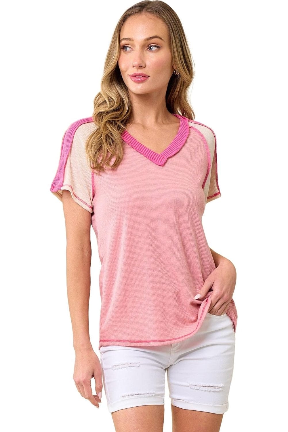 Pink Colorblock Knit V-Neck T-shirt with Exposed Seam