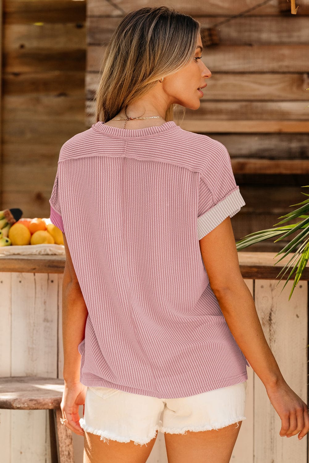 Pink Colorblock Textured Crew Neck Tee for Women