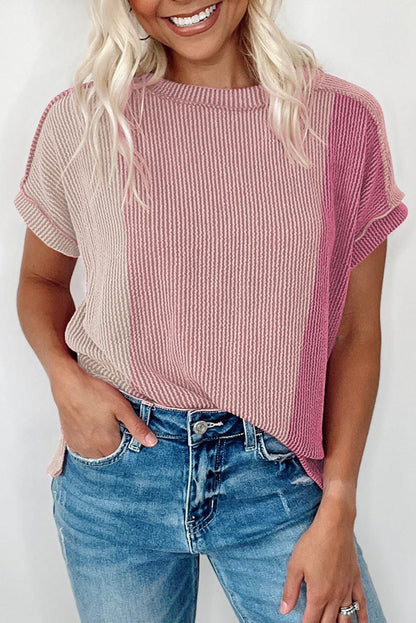Pink Colorblock Textured Crew Neck Tee for Women