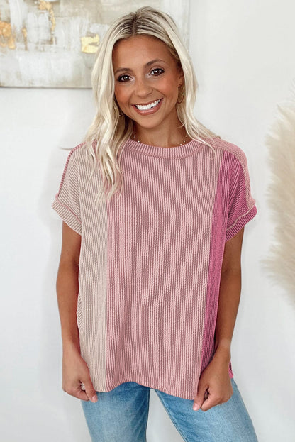 Pink Colorblock Textured Crew Neck Tee for Women