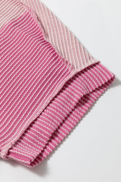 Pink Colorblock Textured Crew Neck Tee for Women