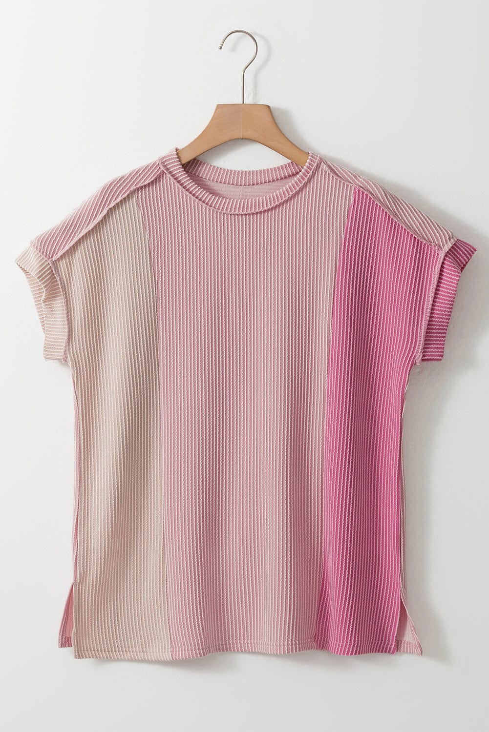 Pink Colorblock Textured Crew Neck Tee for Women