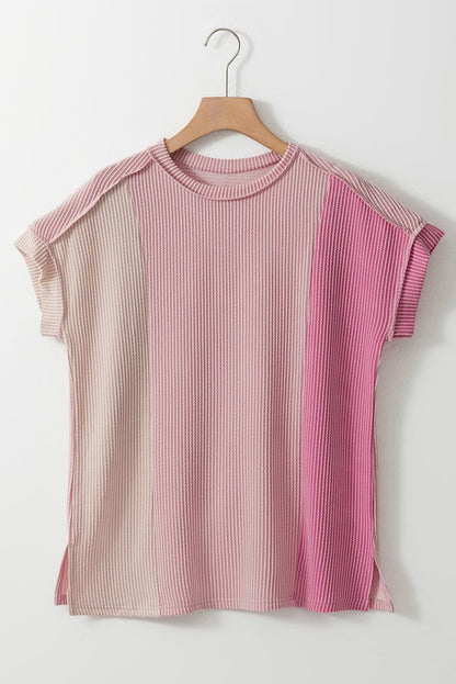Pink Colorblock Textured Crew Neck Tee for Women