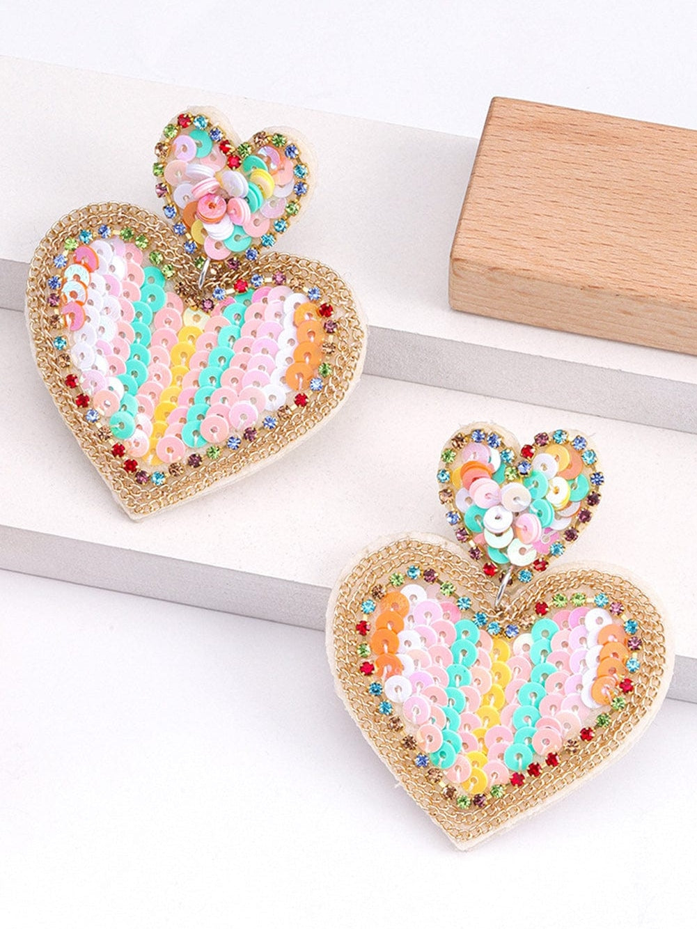 Pink Colorful Sequined Hearts Valentines Fashion Earrings