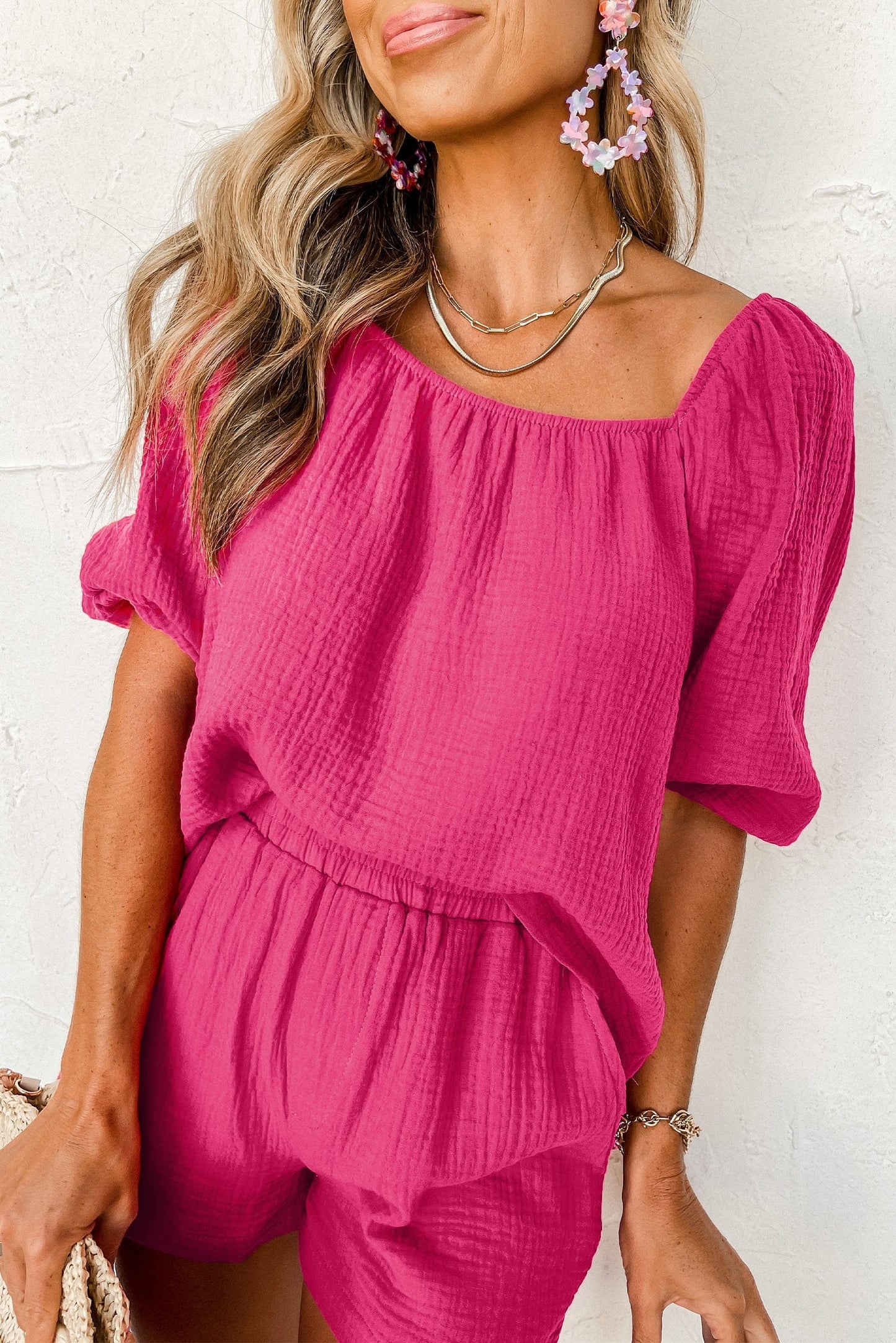 Pink Crinkled Square Neck Puff Sleeve Top and Shorts Set - Stylish and Cozy
