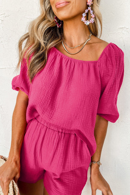 Pink Crinkled Square Neck Puff Sleeve Top and Shorts Set - Stylish and Cozy