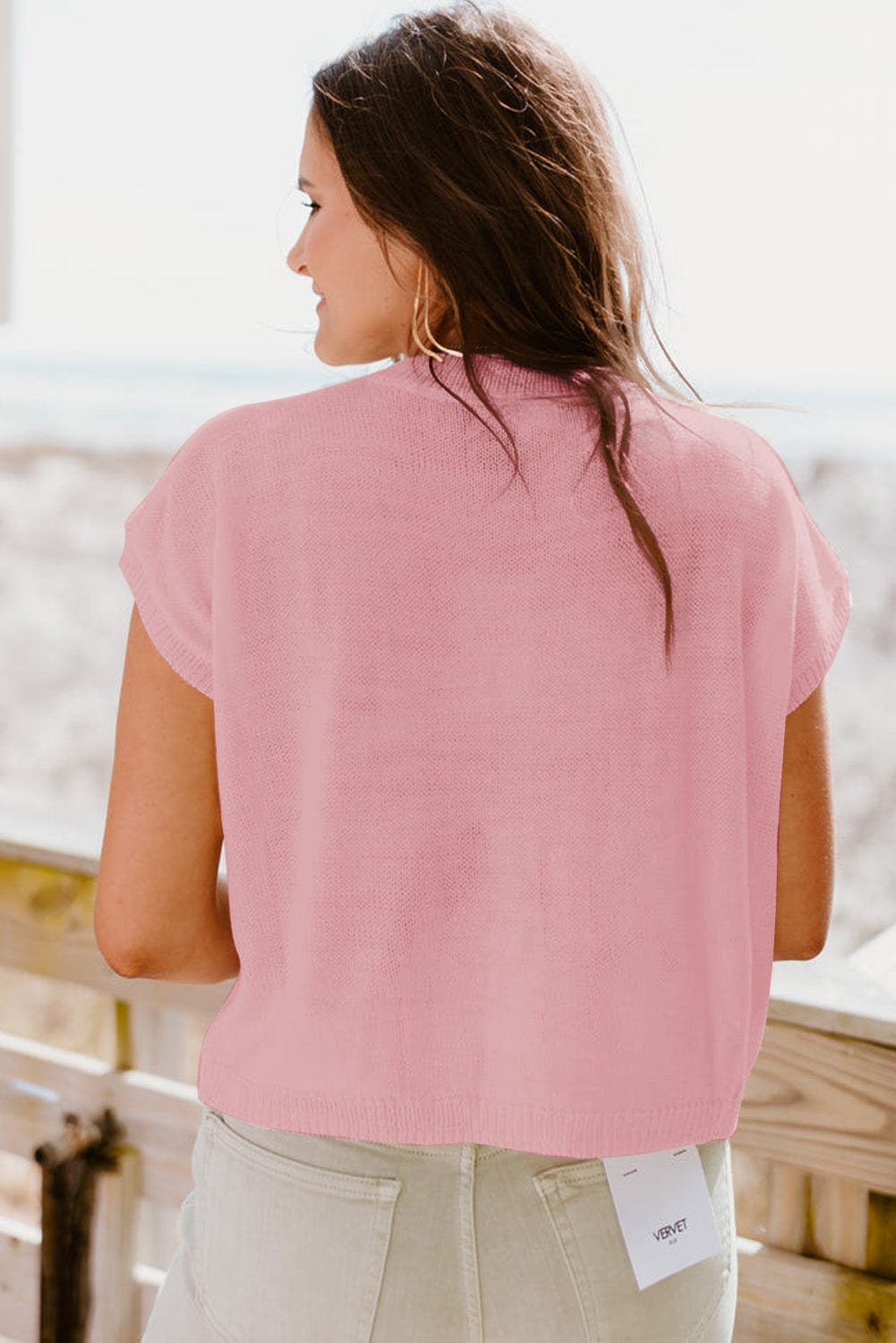 Pink Crochet Flower Knit Short Sleeve Sweater Top with Vintage Floral Print