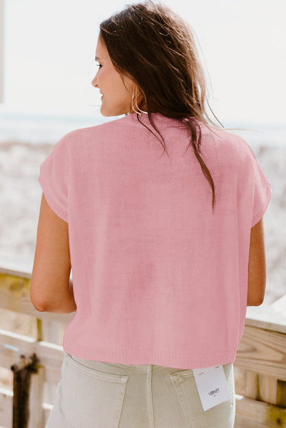 Pink Crochet Flower Knit Short Sleeve Sweater Top with Vintage Floral Print