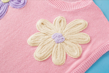 Pink Crochet Flower Knit Short Sleeve Sweater Top with Vintage Floral Print