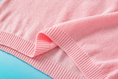 Pink Crochet Flower Knit Short Sleeve Sweater Top with Vintage Floral Print