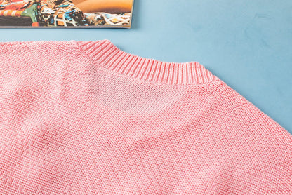 Pink Crochet Flower Knit Short Sleeve Sweater Top with Vintage Floral Print