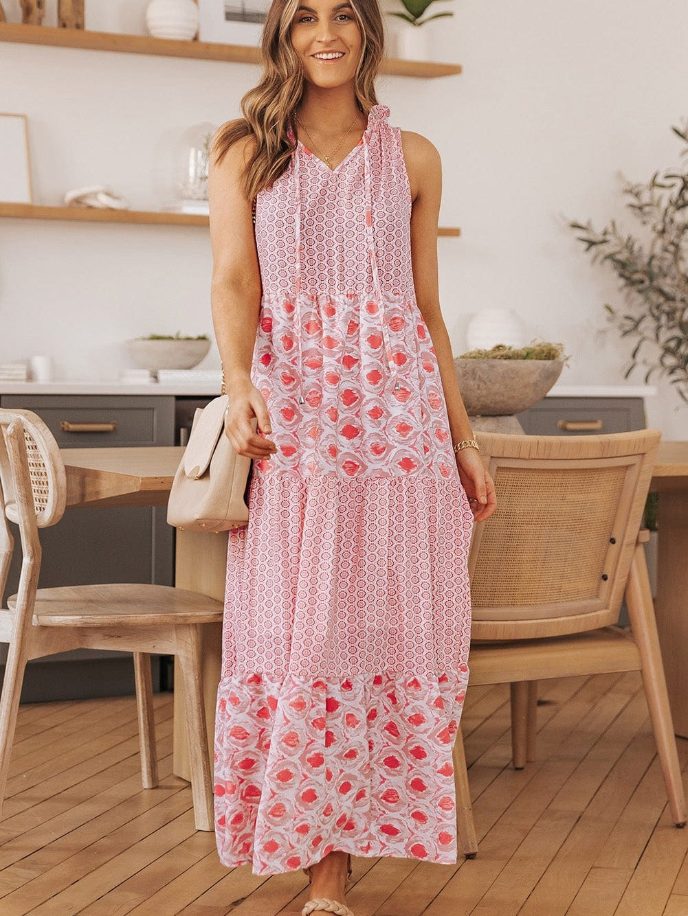 Pink Diamond Abstract Print V-Neck Sleeveless Maxi Dress