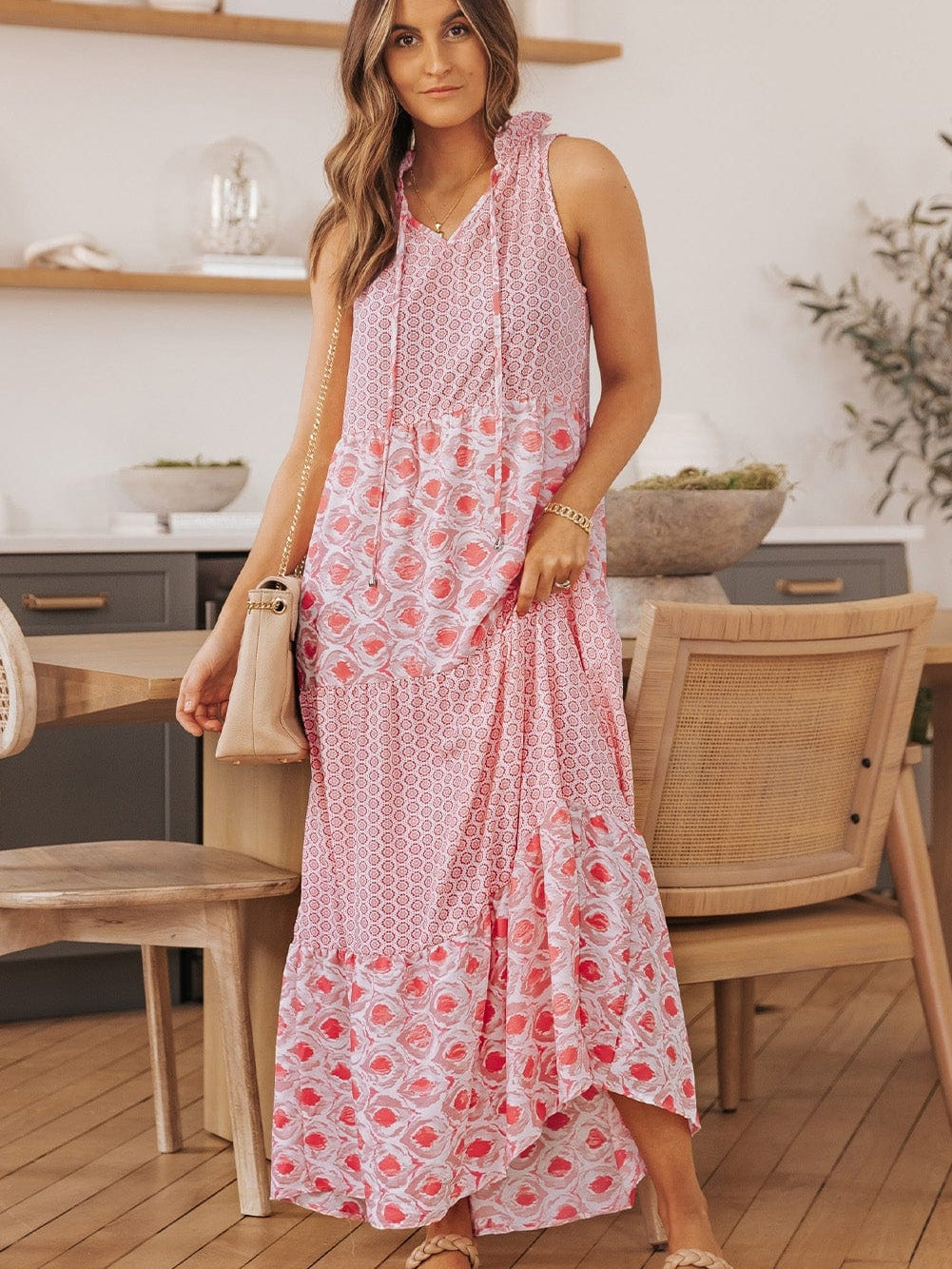 Pink Diamond Abstract Print V-Neck Sleeveless Maxi Dress