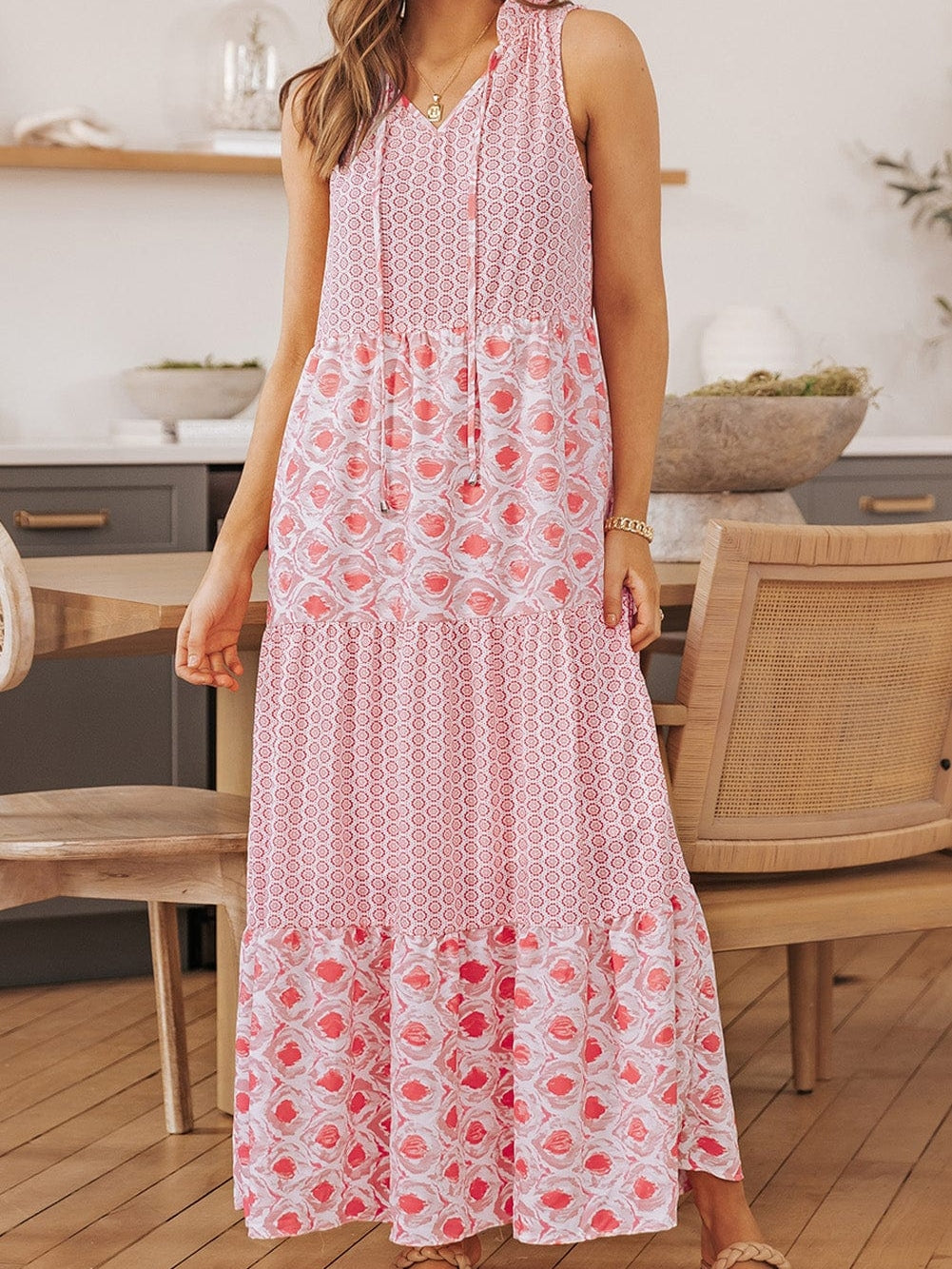 Pink Diamond Abstract Print V-Neck Sleeveless Maxi Dress