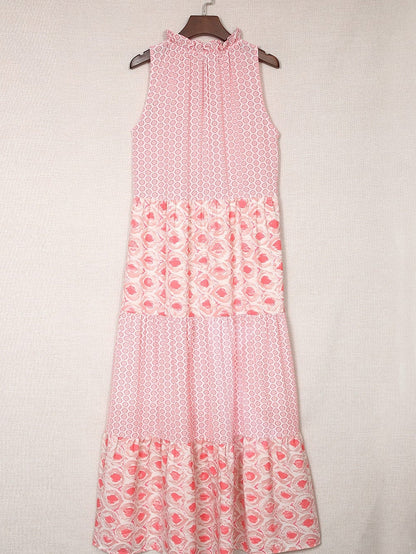 Pink Diamond Abstract Print V-Neck Sleeveless Maxi Dress