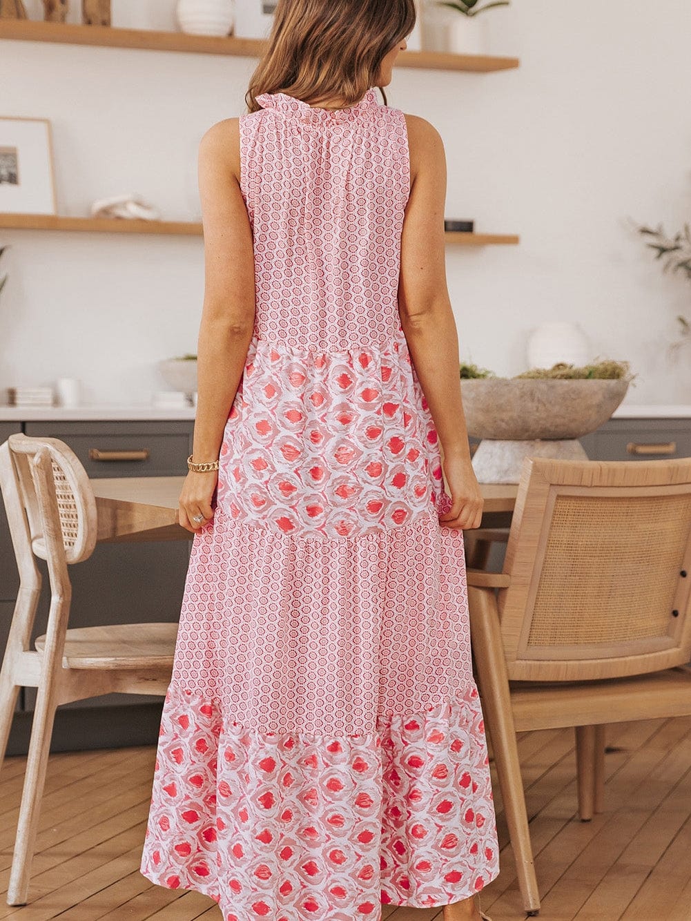 Pink Diamond Abstract Print V-Neck Sleeveless Maxi Dress