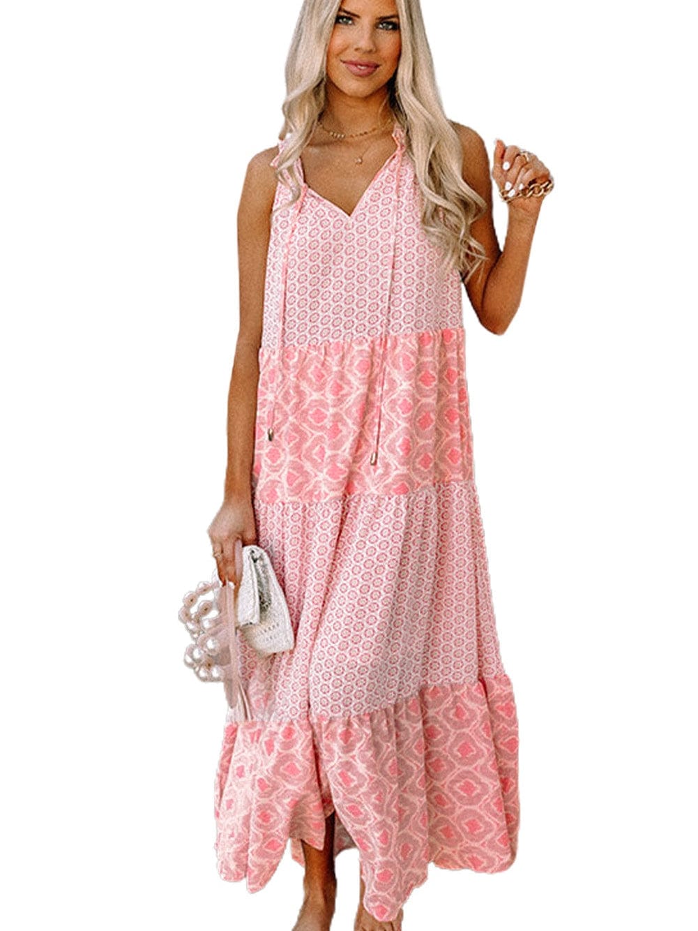 Pink Diamond Abstract Print V-Neck Sleeveless Maxi Dress