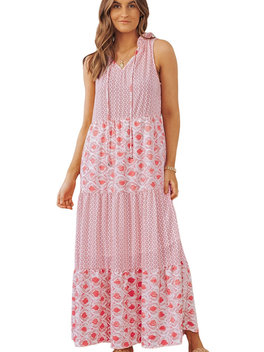 Pink Diamond Abstract Print V-Neck Sleeveless Maxi Dress