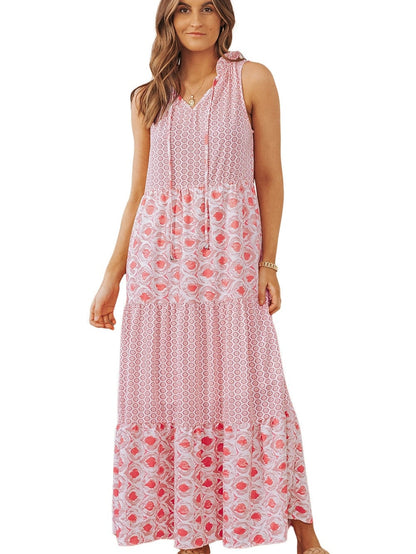 Pink Diamond Abstract Print V-Neck Sleeveless Maxi Dress
