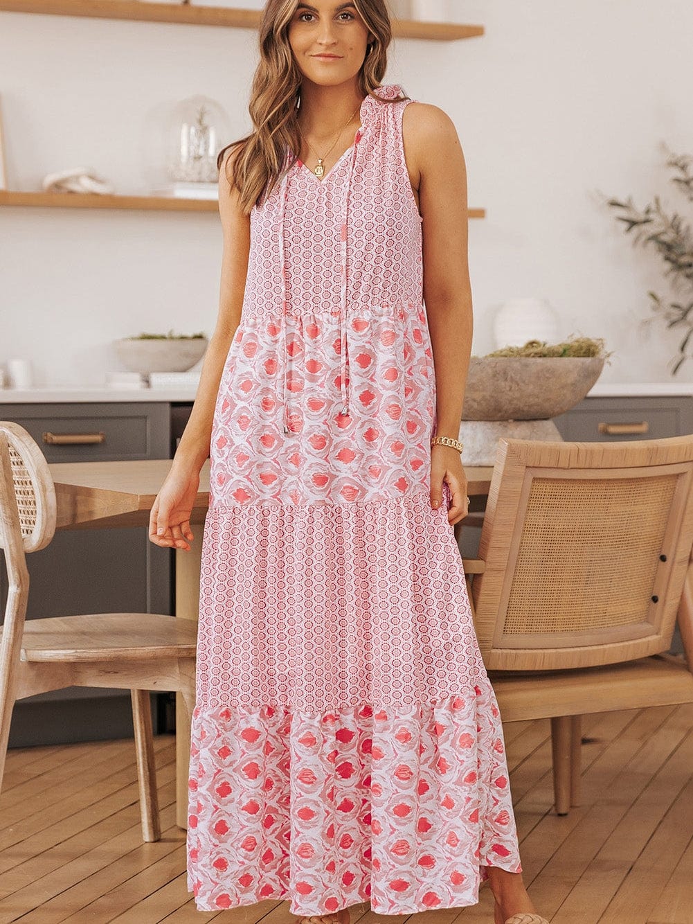 Pink Diamond Abstract Print V-Neck Sleeveless Maxi Dress