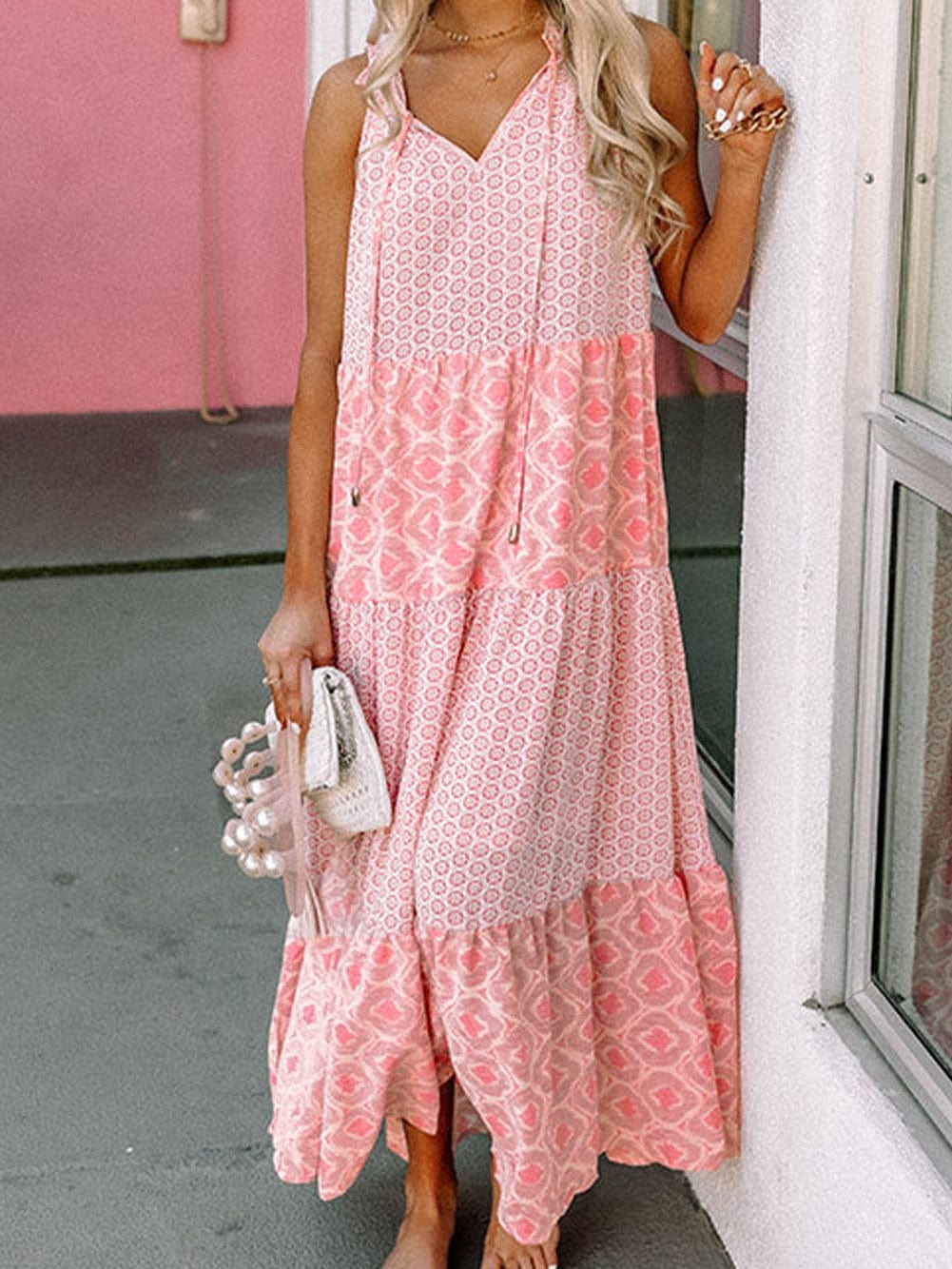 Pink Diamond Abstract Print V-Neck Sleeveless Maxi Dress