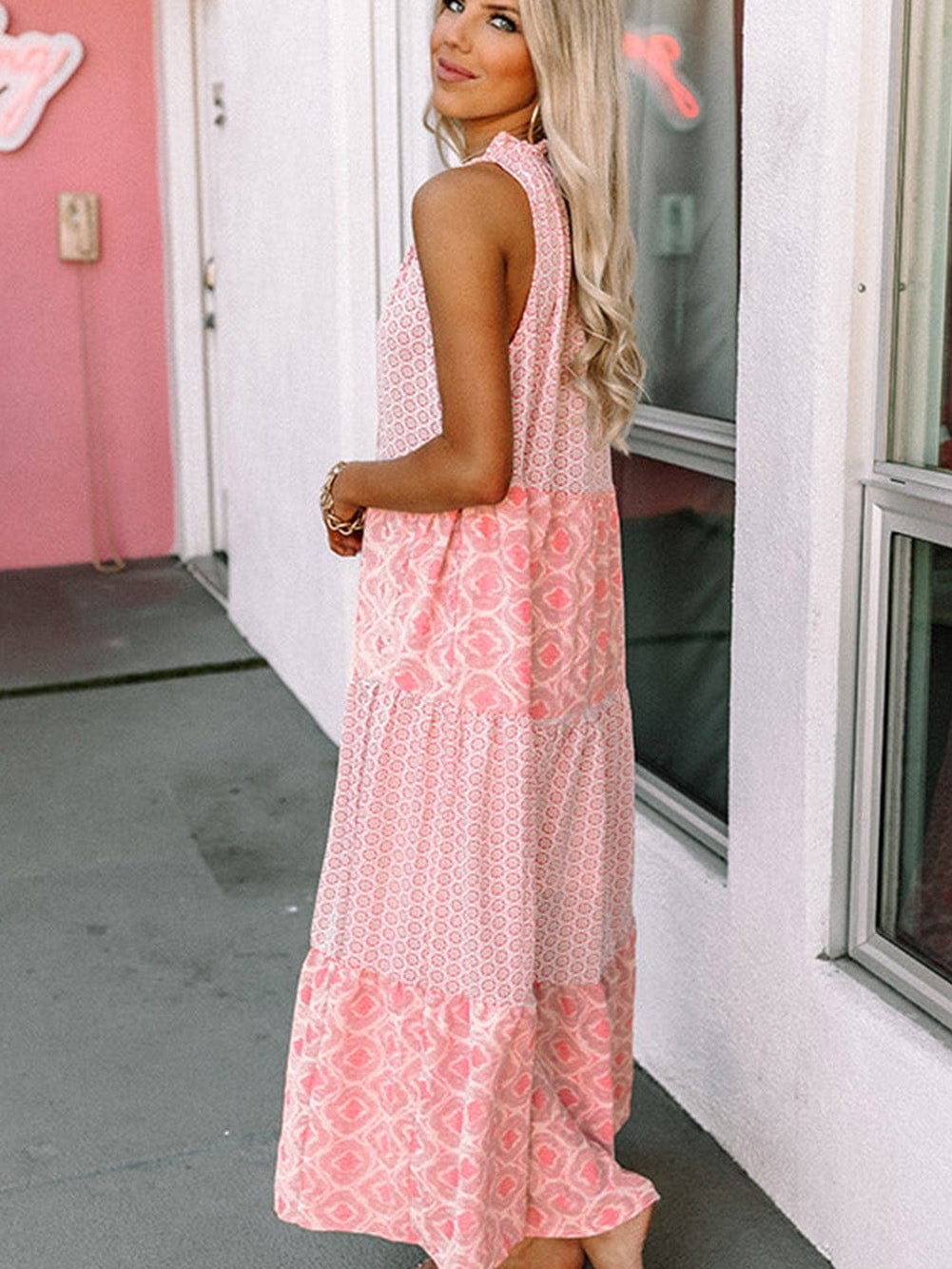 Pink Diamond Abstract Print V-Neck Sleeveless Maxi Dress