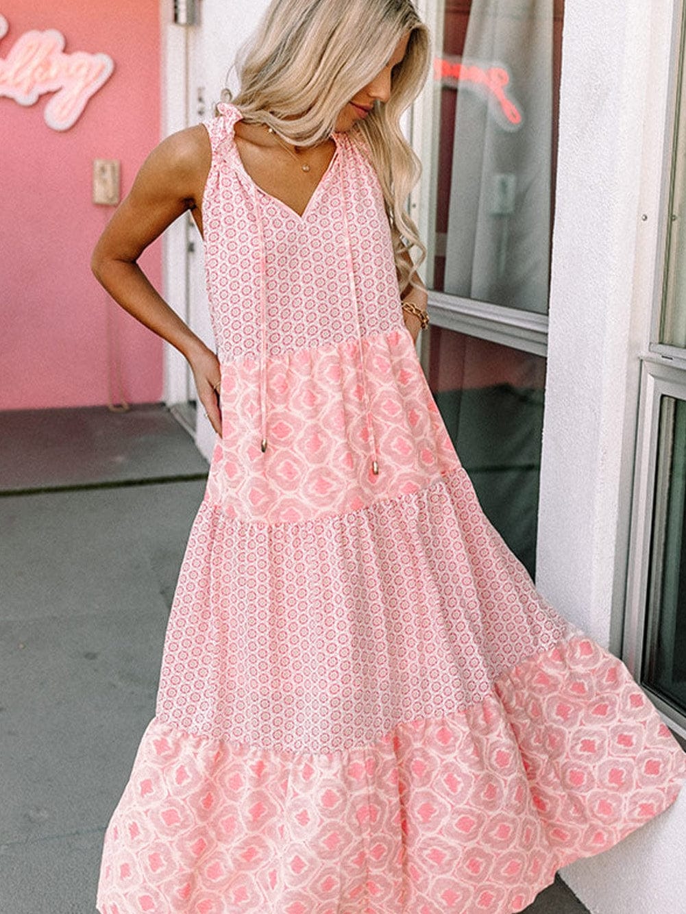 Pink Diamond Abstract Print V-Neck Sleeveless Maxi Dress