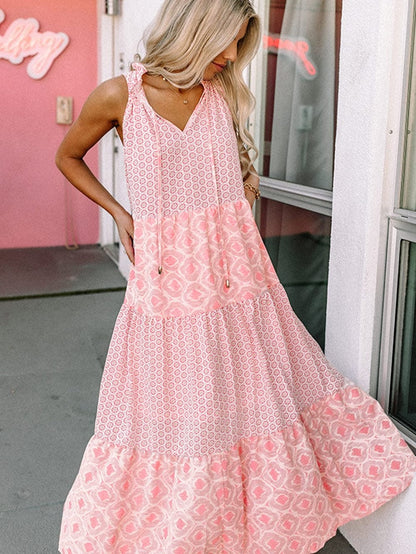 Pink Diamond Abstract Print V-Neck Sleeveless Maxi Dress