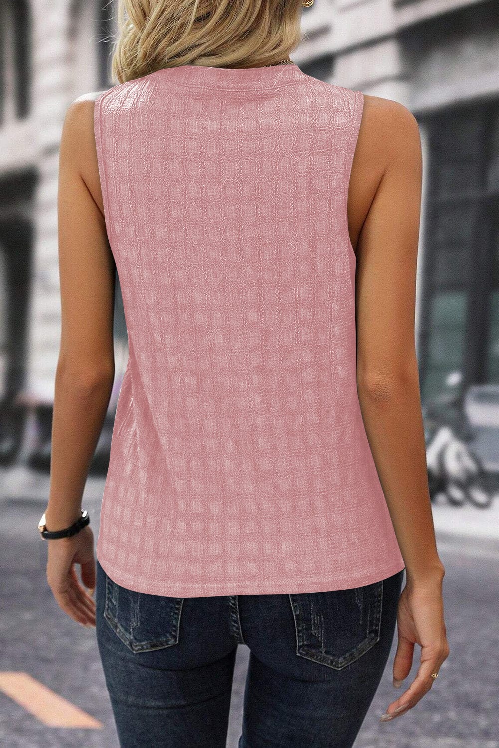 Pink Elegance Lattice Textured Split Neck Sleeveless Top