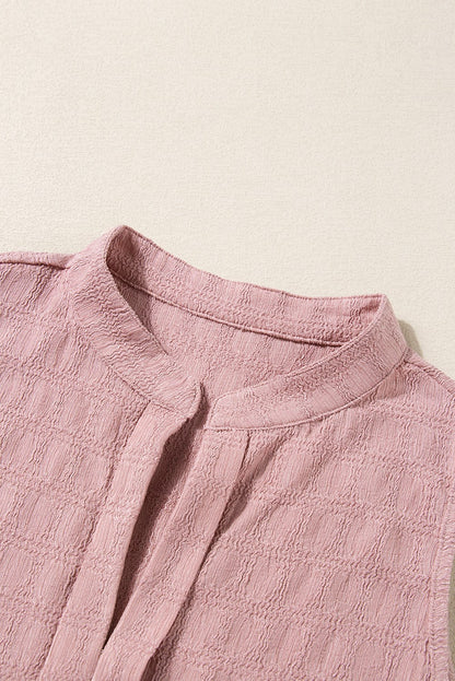 Pink Elegance Lattice Textured Split Neck Sleeveless Top