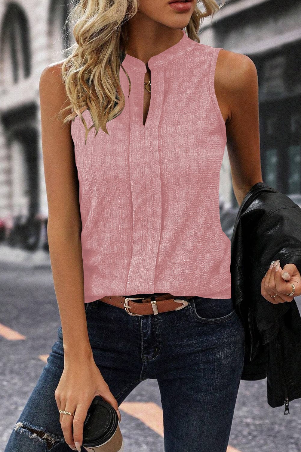 Pink Elegance Lattice Textured Split Neck Sleeveless Top