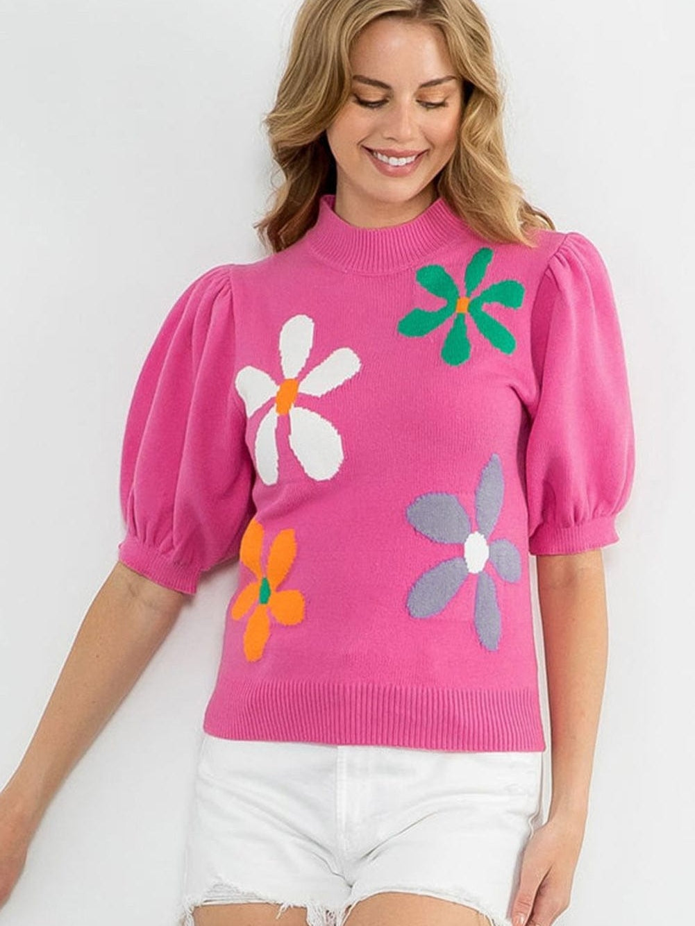 Pink Floral Bubble Sleeve Sweater with Vintage Charm