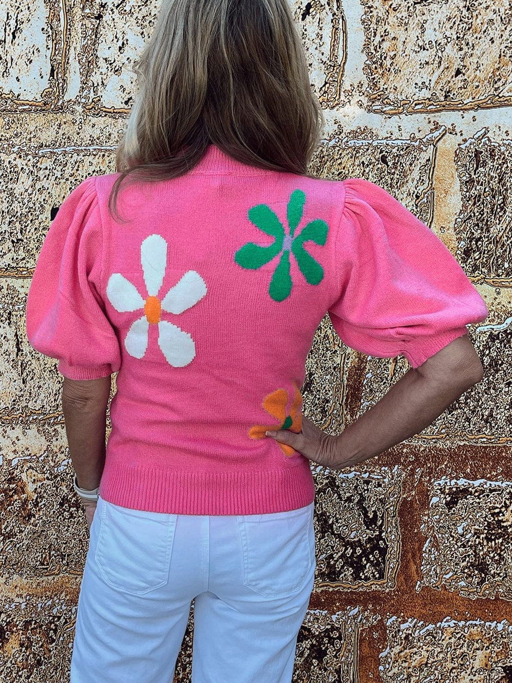 Pink Floral Bubble Sleeve Sweater with Vintage Charm