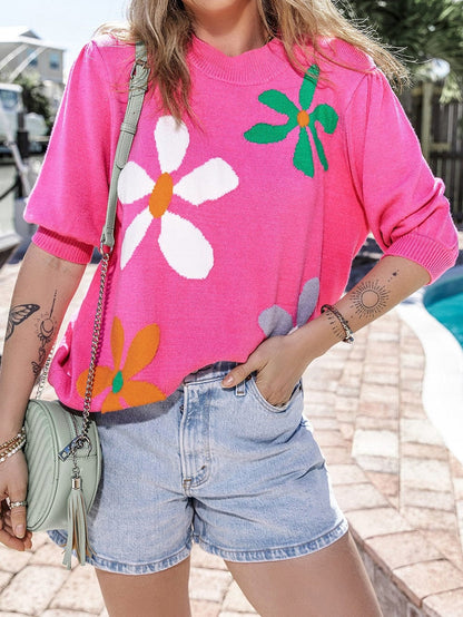 Pink Floral Bubble Sleeve Sweater with Vintage Charm