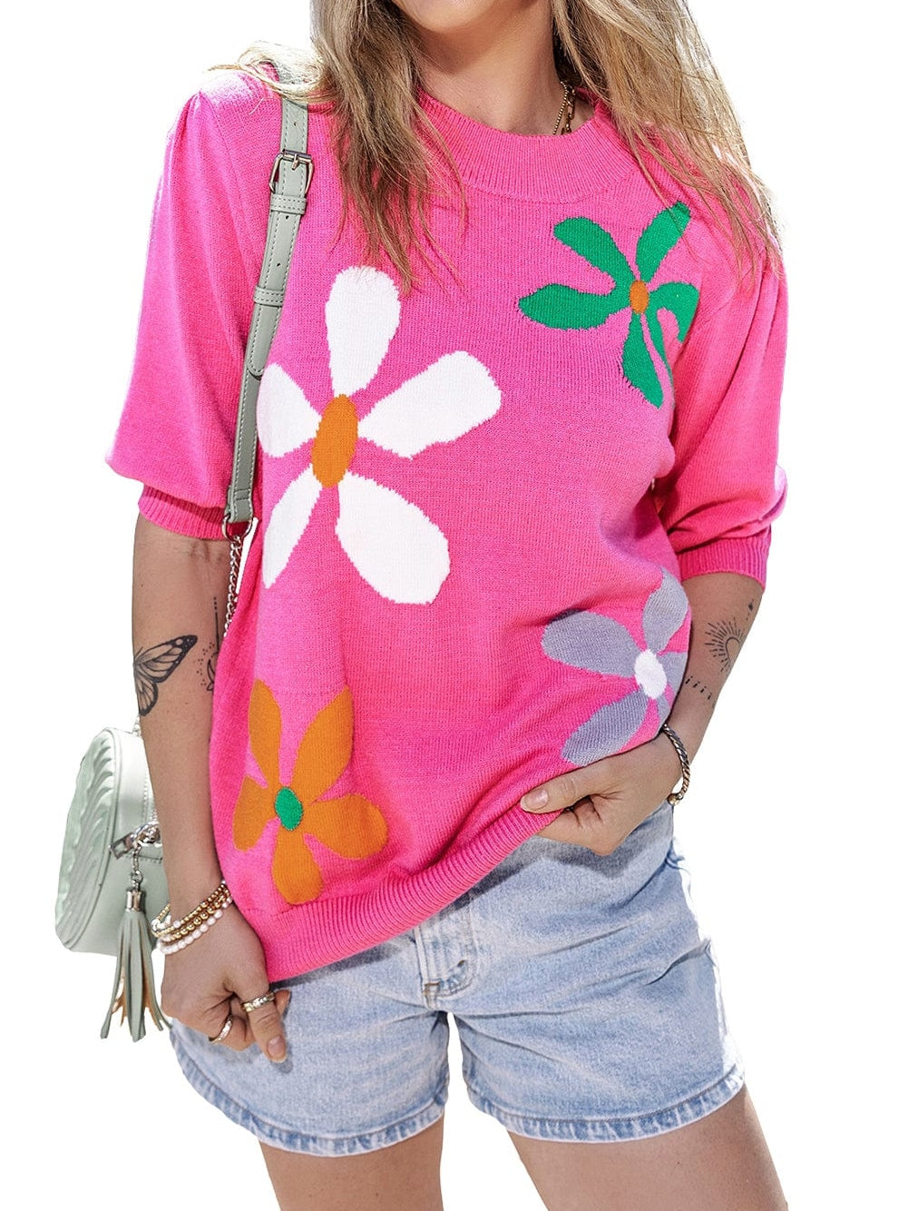 Pink Floral Bubble Sleeve Sweater with Vintage Charm