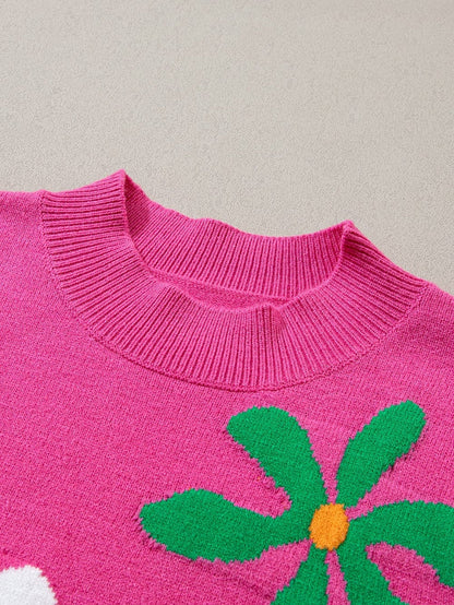 Pink Floral Bubble Sleeve Sweater with Vintage Charm