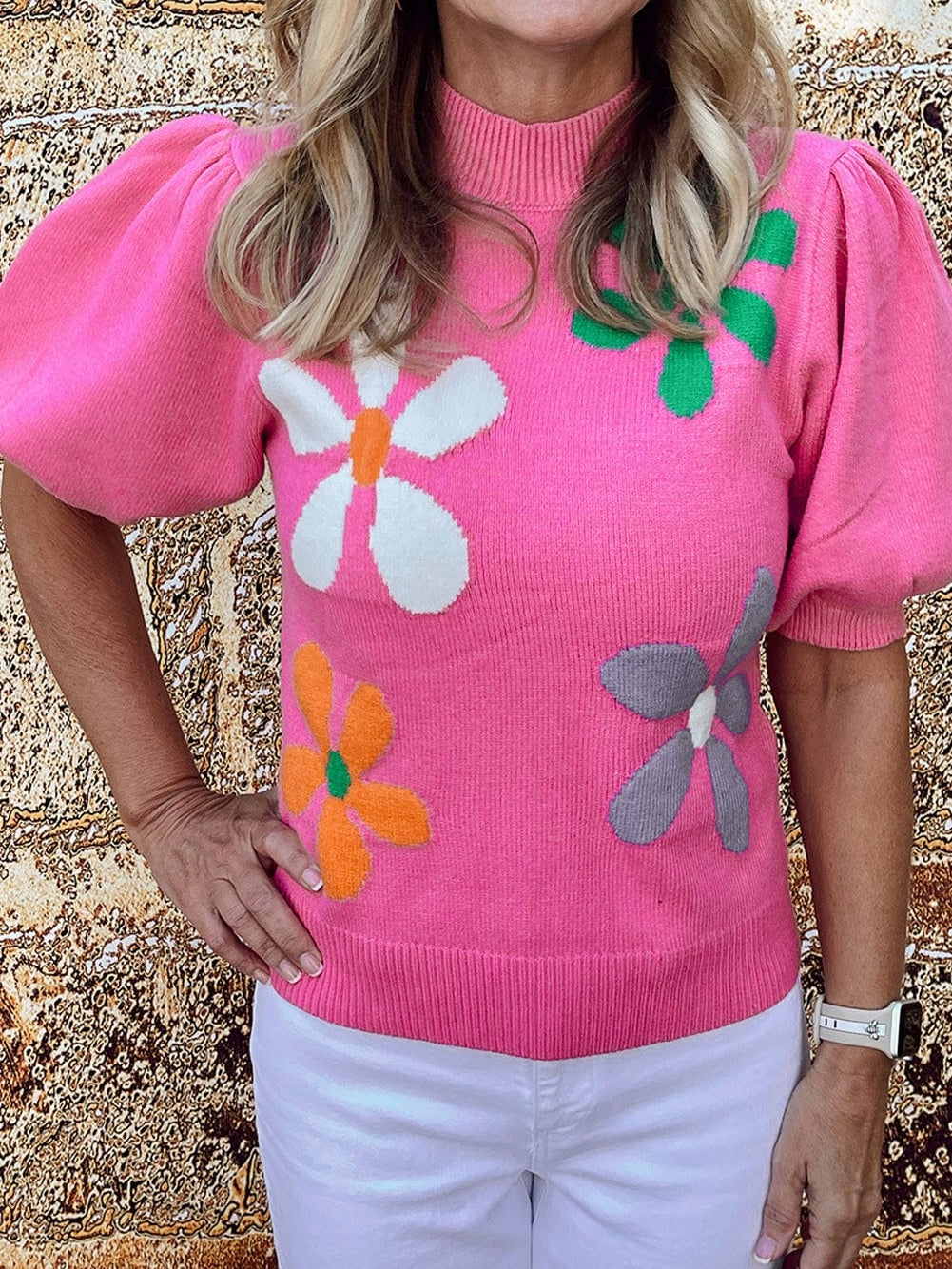 Pink Floral Bubble Sleeve Sweater with Vintage Charm