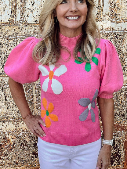 Pink Floral Bubble Sleeve Sweater with Vintage Charm