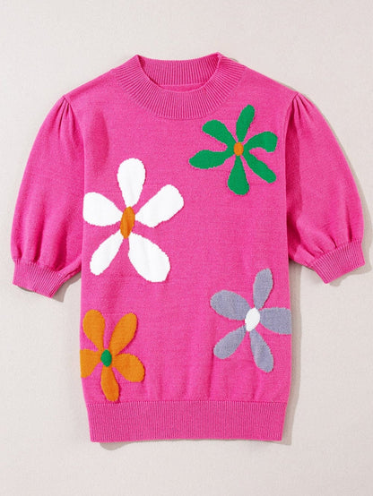 Pink Floral Bubble Sleeve Sweater with Vintage Charm