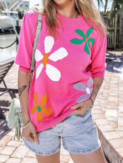 Pink Floral Bubble Sleeve Sweater with Vintage Charm