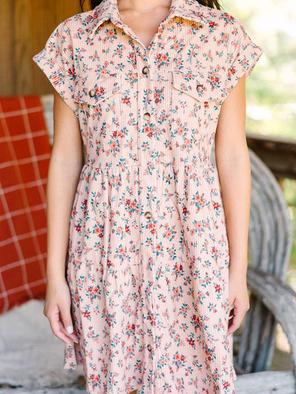 Pink Floral Button-Down Shirt Dress with Flap Pockets