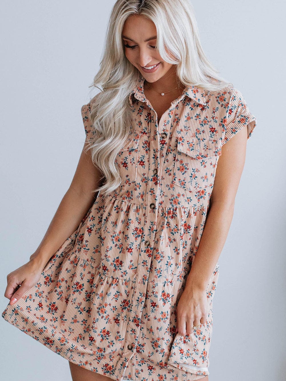 Pink Floral Button-Down Shirt Dress with Flap Pockets
