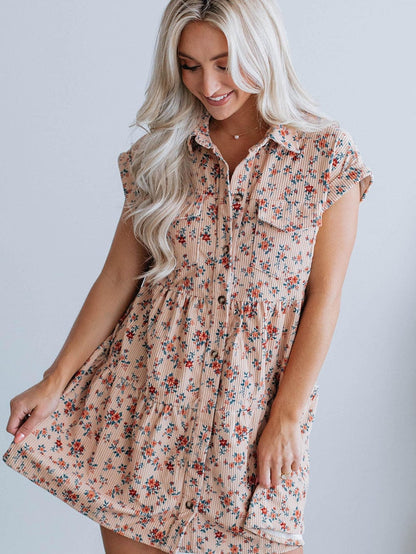 Pink Floral Button-Down Shirt Dress with Flap Pockets
