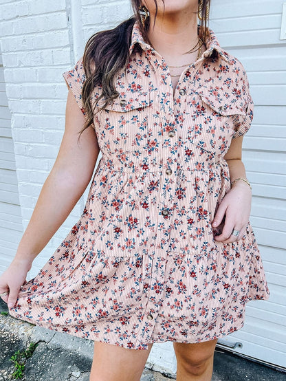 Pink Floral Button-Down Shirt Dress with Flap Pockets