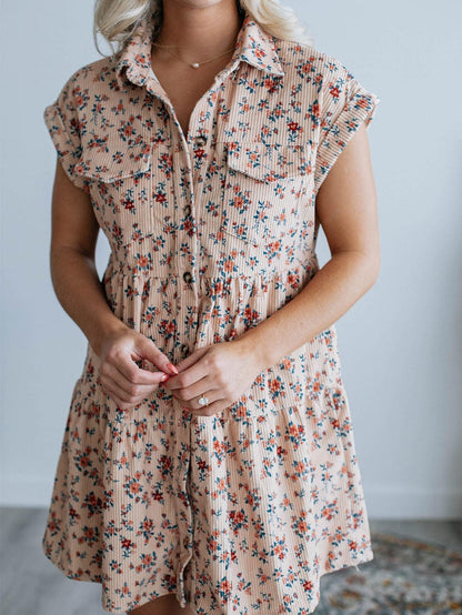 Pink Floral Button-Down Shirt Dress with Flap Pockets