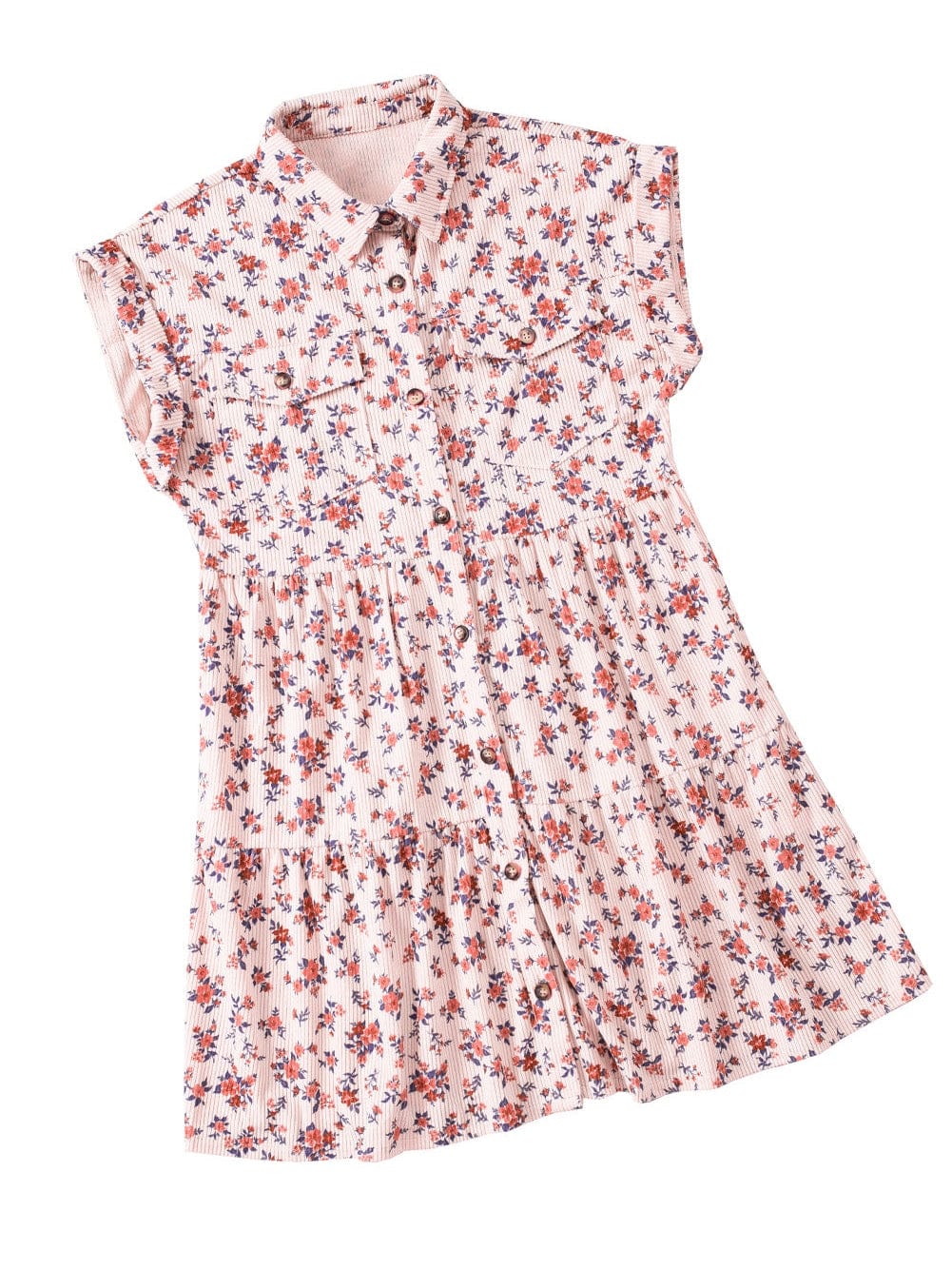Pink Floral Button-Down Shirt Dress with Flap Pockets