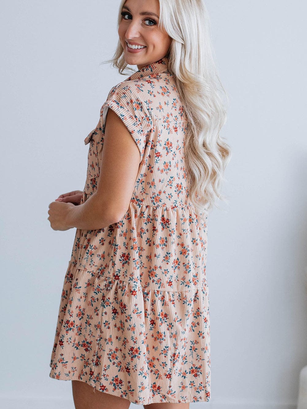 Pink Floral Button-Down Shirt Dress with Flap Pockets