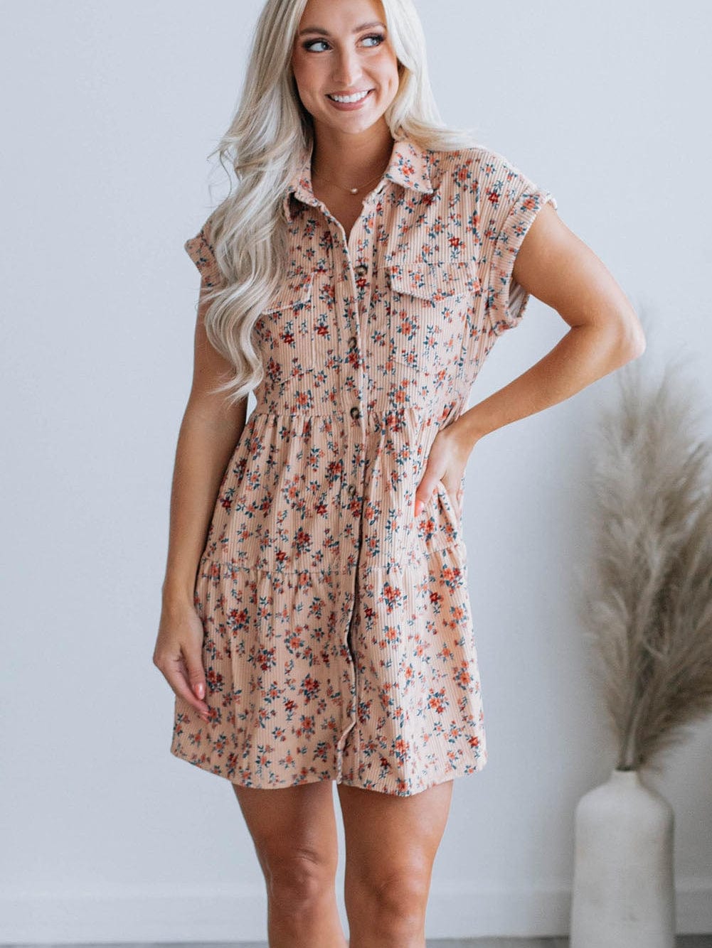 Pink Floral Button-Down Shirt Dress with Flap Pockets