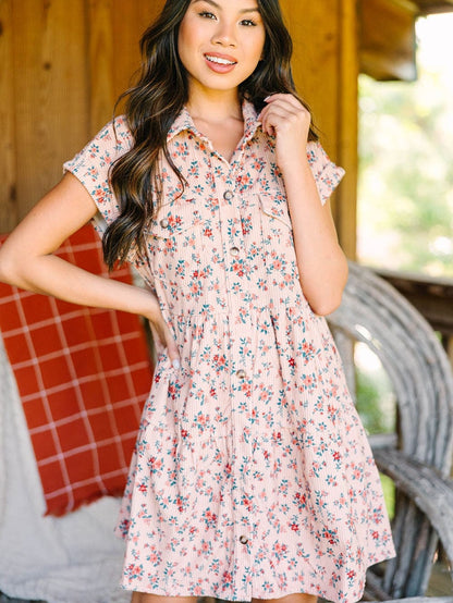 Pink Floral Button-Down Shirt Dress with Flap Pockets