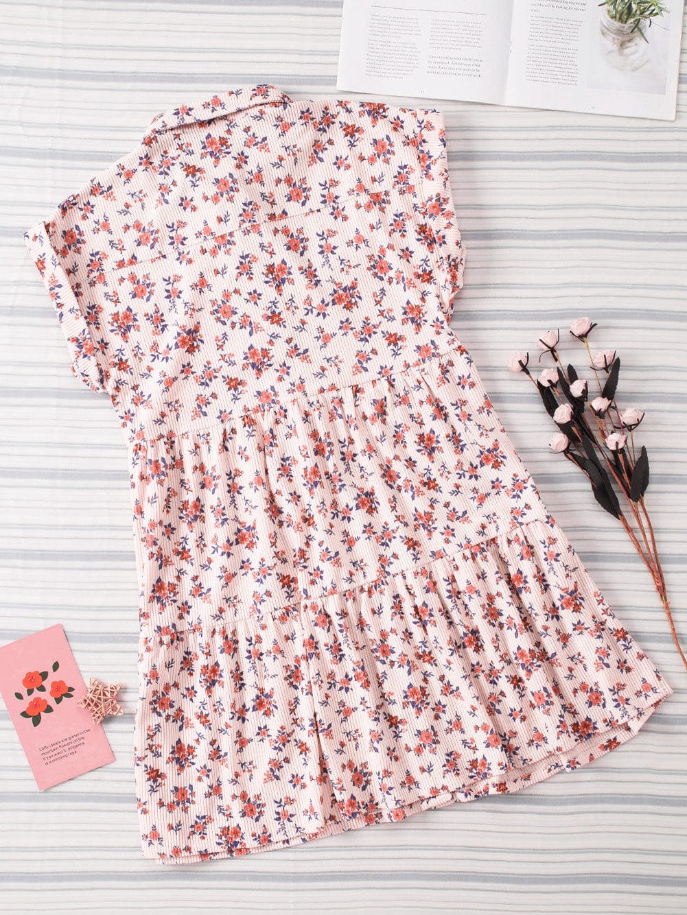 Pink Floral Button-Down Shirt Dress with Flap Pockets